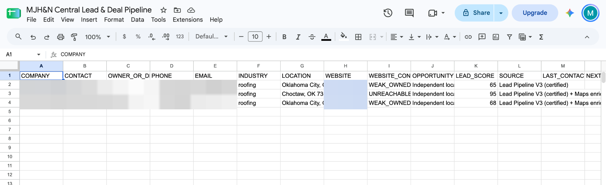 Sanitized lead and deal pipeline screenshot